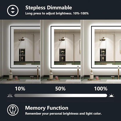 28x36 Inch LED Bathroom Mirror with Lights (Front Lit and Backlit) Black Framed Lighted Vanity Mirror for Bathroom Wall Dimmable Anti-Fog Memory Tempered Glass Horizontal/Vertical