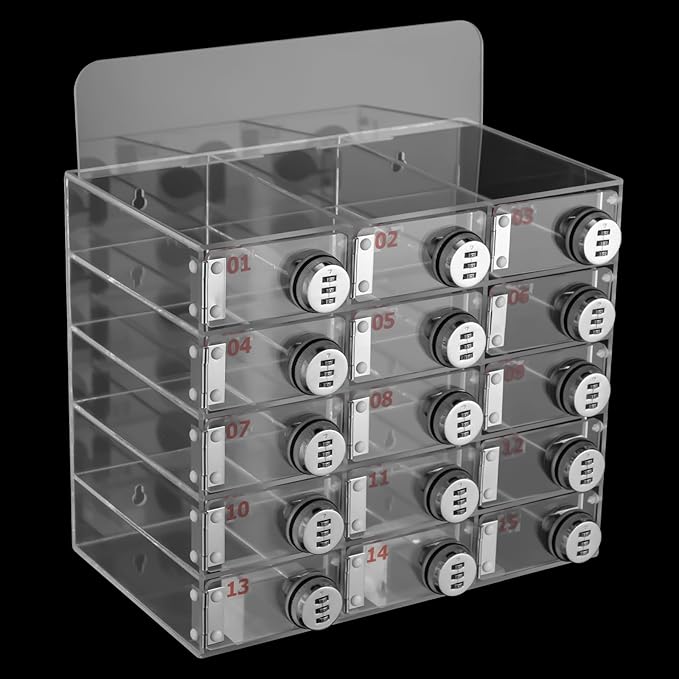 Cell Phone Locker Box 15 Slots Clear Acrylic Cell Phone Organizer Cabinet with Combination Locks Wall-Mounted Locking Cell Phone Storage Box for Classroom Office,Shool,Office (15 Slots, Acrylic)