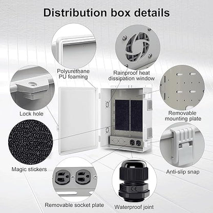 Outdoor Electrical Junction Box with High Power Outlet, 16" H* 12" L* 5.9" W, ABS Water Resistant Enclosure with Internal Mounting Panel & Hinged Cover.