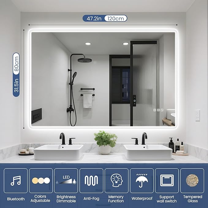 STARLEAD 48"x32" LED-Bathroom-Mirror-with-Lights, Wall-Mounted with Bluetooth Speaker, Anti-Fog, 3 Color Temperature, Dimmable Brightness, Waterproof, Tempered Glass, Frontlit & Backlit