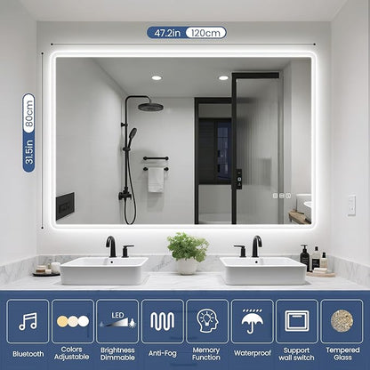 STARLEAD 48"x32" LED-Bathroom-Mirror-with-Lights, Wall-Mounted with Bluetooth Speaker, Anti-Fog, 3 Color Temperature, Dimmable Brightness, Waterproof, Tempered Glass, Frontlit & Backlit
