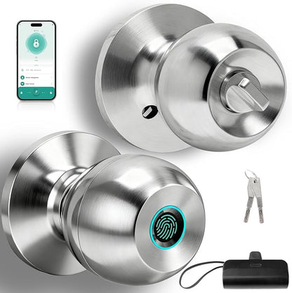 Fingerprint Door Lock, Smart Door Knob, Keyless Entry Door Lock with App Control, Thumbprint Door Knob with Extra Power Bank, Suitable for Home, Bedroom, Apartments, Office - Sliver