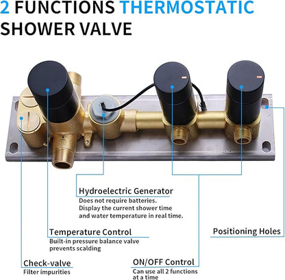 2 Way Shower Diverter Valve Brass 2 Functions Digital Temperature Display Thermostatic Shower Mixing Valve Kit 3 Handle Flow Cotrol Valve, Can Run Simultaneously Matte Black