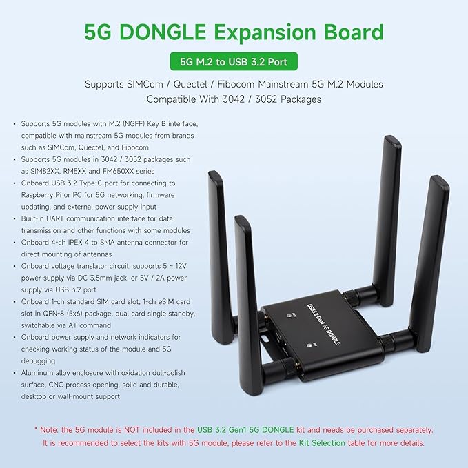 5G DONGLE Expansion Board, USB 3.2 Port, M.2 Key B Interface, Quad Antennas, Aluminum Alloy Case, with Qualcomm RM520N-GL 5G Sub-6G Module, Global Applicable @XYGStudy (RM520N-GL 5G DONGLE (B))