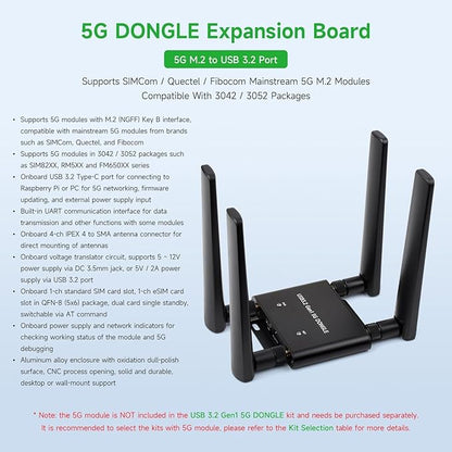 Global 5G DONGLE Expansion Board, USB 3.2 Port, Onboard M.2 Key B Interface, Quad Antennas, Aluminum Alloy Case, with Qualcomm RM530N-GL 5G Sub-6G & mmWave Module @XYGStudy (RM530N-GL 5G DONGLE (B))
