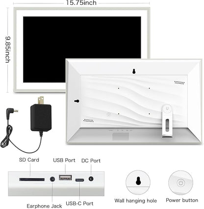 Digital Picture Frame, 15.6 Inch Frameo Digital Frame WiFi, 1920*1080 IPS FHD Touchscreen, 32GB, Tabletop&Wall-Mounted, Share Picture Video, Electronic Photo Frame Slideshow, Gifts for Mom, White Clay
