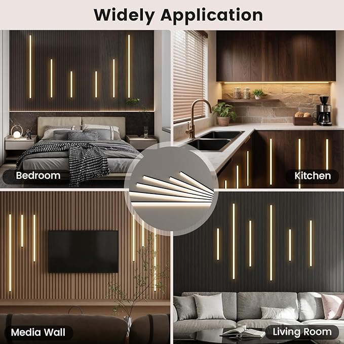 Slat Wall Lights - GloryAir 6pcs Black Adhesive Wall Panel Lights for Interior Wall Decor, Warm White 3000K Touchable Switch LED Lamp for Wood Slat Acoustic Panels, Headboard, Stairway, Home Decor