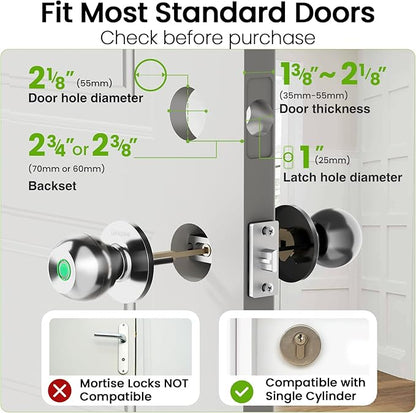 GHome Smart Fingerprint Door Lock, 3 in 1 Smart Fingerprint Door Knob with App Control & Key, Auto Lock, Biometric Door Knobs with Lock for Bedroom, Garage, Home & Office