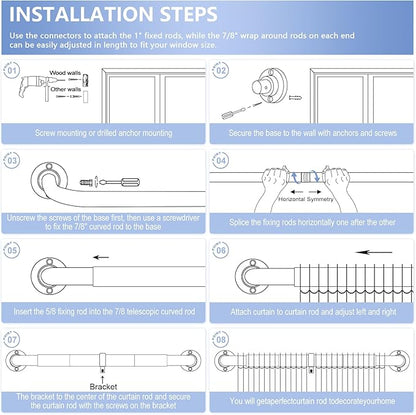 White Wrap Around Curtain Rods 48 to 90 Inch:Blackout Heavy duty Adjustable Window Curtain Rod for Bedroom,Industrial Darkening Curved French Metal Single Drapery Rods Easy Install,Pure White