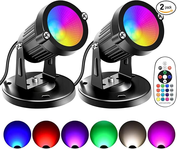 Christmas Spot Lights Indoor, 5W RGBW Uplighting 16 Color Changing Up Lights Indoor with Remote Control, Plant Spotlight Decorative (2 Pack with Base and Stake)