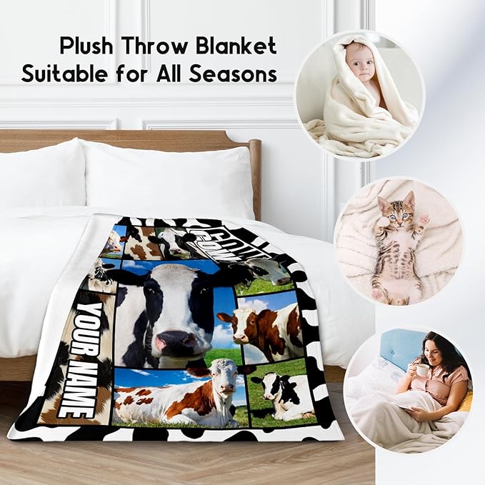 Custom Cow Blankets and Throws, Personalized Cow Gifts for Women Girls, Soft Fluffy Fuzzy Farmhouse Blanket Country Home Decor, 30"x40" Animal Pattern Throw for Couch Sofa