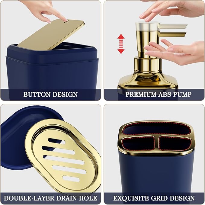 Bathroom Accessory Set, 11PC Bathroom Set, Navy Blue Bathroom Accessories, Bathroom Accessories Set with Trash Can, 3PC Soap Dispensers and Toilet Brush