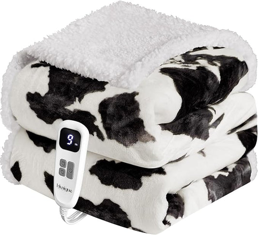Heated Blanket Throw Electric Blanket – Fast Heating Blanket with 10 Heat Settings & 10 Hours Auto Off, Cow Print Blanket Cozy Soft Fleece Sherpa, Washable, Warm Gifts for Grandma