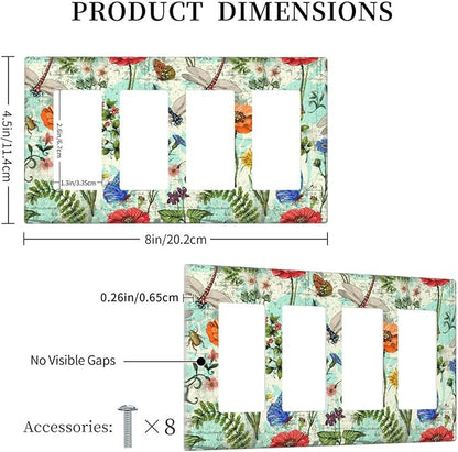 Dragonflies Flowers Butterfly 4 Gang Quad Rocker Outlet Light Switch Cover Decorative Wall Plate Cover For Home Living Bedroom Kitchen Decorative