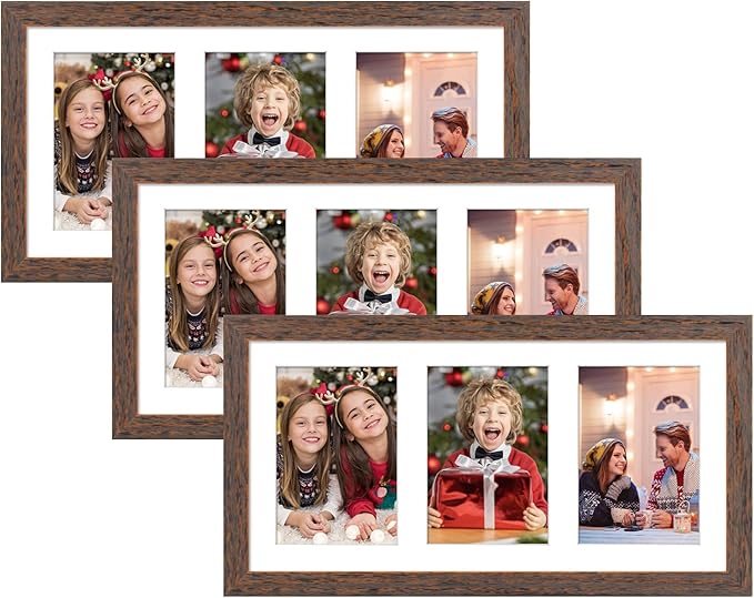 Golden State Art, Set of 3, 9x18 Distressed Brown Wood Frame - White Mat for Three 5x7 Pictures - Sawtooth Hangers- Swivel Tabs - Wall Mounting - Landscape/Portrait - Real Glass - Collage Frame