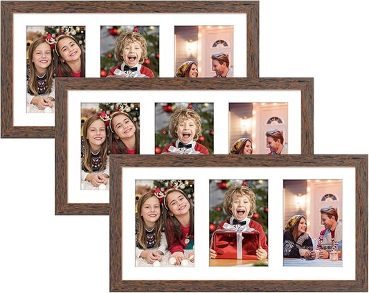 Golden State Art, Set of 3, 9x18 Distressed Brown Wood Frame - White Mat for Three 5x7 Pictures - Sawtooth Hangers- Swivel Tabs - Wall Mounting - Landscape/Portrait - Real Glass - Collage Frame