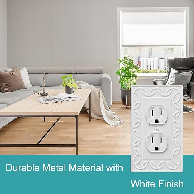Single Duplex Outlet Cover Plate, 4-Pack White NovaBloom Metal Wall Plate 1 Gang, Light Switch Cover, for Receptacle Light Switch, Switch Cover Decorative Wallplate, Durable
