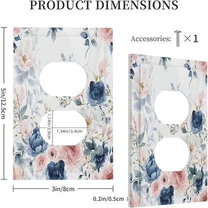 Elegant Watercolor Pink Blue Flowers Floral 1 Gang Duplex Receptacle Switch Wall Plate Decorative Switchplate Outlet Covers Electrical Plug Cover Faceplate for Bathroom Home Decor 5 X 3 IN