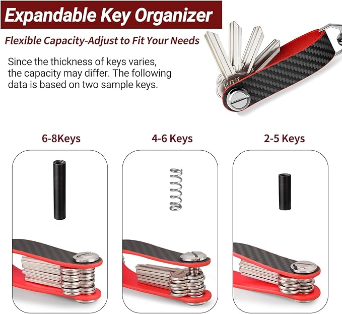 T-carbon Key Organizer, Carbon Fiber Leather Compact Key Holder, Silent Keychain, Expandable Key Case Holds Up to 8 Keys