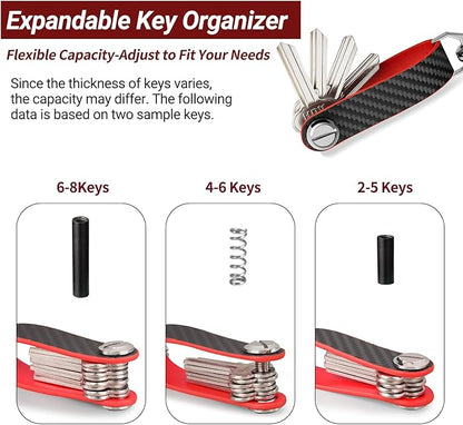 T-carbon Key Organizer, Carbon Fiber Leather Compact Key Holder, Silent Keychain, Expandable Key Case Holds Up to 8 Keys