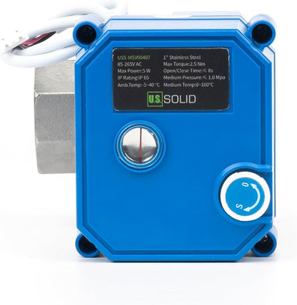 U.S. Solid Motorized Ball Valve with Manual Function - 1" Stainless Steel, Full Port, 85-265V AC, 2-wire Automatic Return, Normally Closed