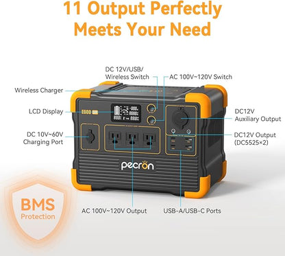 Pecron E600LFP Portable Solar Generator with 2x200W Solar Panel, 614Wh LiFePO4 Battery Backup, Power Station for Camping, Emergency, RV, Off-Grid Living