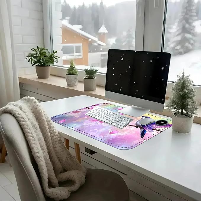 Heated Mouse Pad with 3 Temperature Settings(104°F–122°F),Large 24x14.2 Inch PU Leather Heated Desk Mat,Waterproof Warming Pad for Office,Gaming & Cold Hands Relief,Hummingbird Cherry Bloom