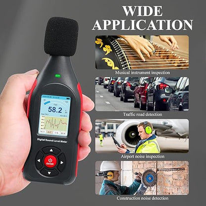 Decibel Meter Data Logger Digital Sound Decibel Meter, Sound Level Meter with 43,000 Data Record & Export, Rechargeable Noise Meter with A/C Frequency&DC Output, 3-Color Alarm, Real Time Measurement