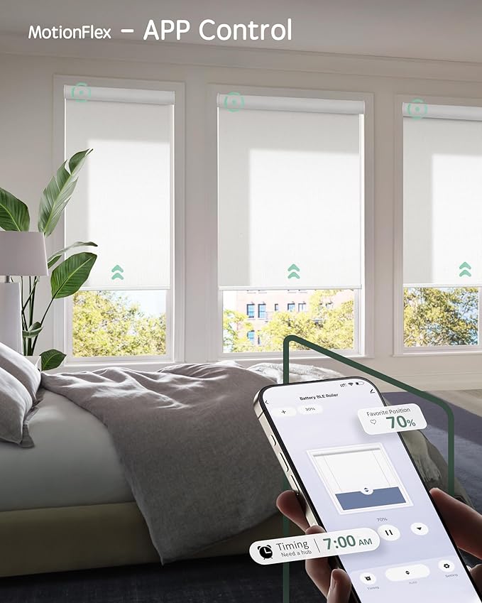 Yoolax Motorized Shades Dual Control, MotionFlex Motorized Roller Shades with App & Manual Control, Pull Down Automatic Shades for Indoor Windows, Custom Size(Light Filtering Pure White)