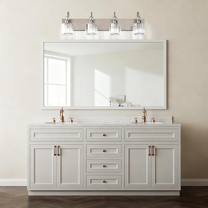 Ralbay 4-Light Crystal Vanity Light for Bathroom Brushed Nickel Modern Bathroom Light Fixtures
