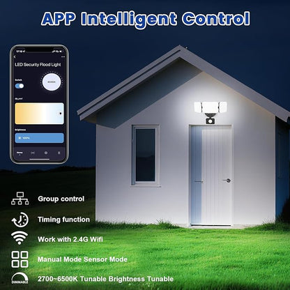 EMANER Smart Security Light Motion Sensor, Compatible with Alexa/Google Home, Adjustable Color Temperature, App Controlled WiFi Flood Light 2800LM Dimmable for Garage Driveway Porch (Black, 1-Pack)