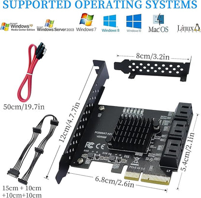 PCIe SATA Expansion Card 6 Ports 4X with ASM1166 Chip - 6Gbps, Gen 3 Controller Adapter, Non-Raid, with 6 SATA Cables & Low - Profile Bracket, Plug and Play for Windows XP/7/8/10, Linux, MAC OS