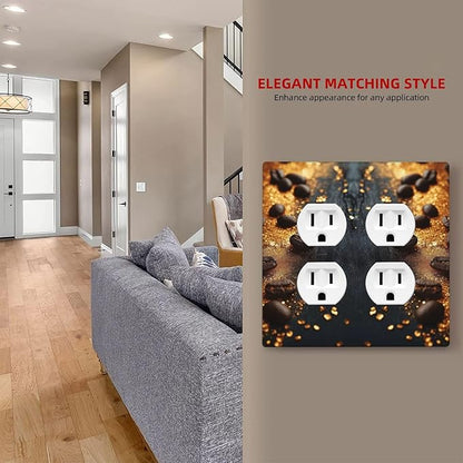 Decorative Outlet Covers Black Wood Board Gold Dust Coffee Beans 2 Gang Wall Plate Cover Double Duplex Receptacle Two Switch Light Switch Cover Plate Jumbo Face Plate