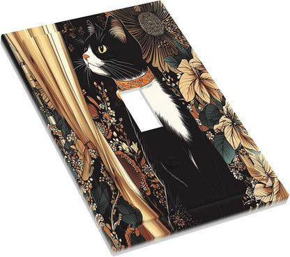 Decorative Light Switch Cover Boho Mandala Floral Black Cat Vintage Flower 1 Gang Single Toggle Device Electrical Faceplate Switchplates Decorator Outlet Wall Plate For Farmhouse Home