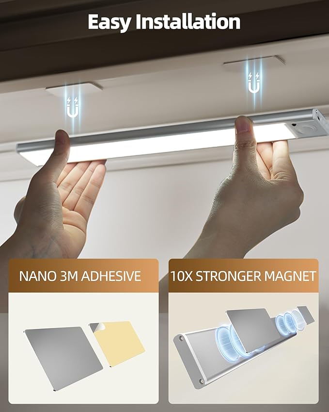 4Pack 16inch Under Cabinet Lighting, Rechargeable Motion Sensor Light Wireless Indoor, Dimmable 3 Color Temps Closet Lights, Under Counter LED Lights for Kitchen, Stairs