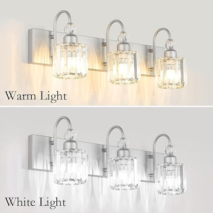 Ralbay Crystal Vanity Light - 3 Light, 24'' Modern Silver Bathroom Vanity Light Fixtures Over Mirror Wall Lights