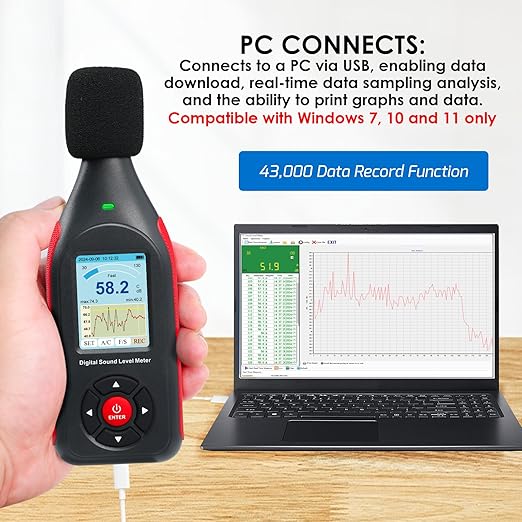 Decibel Meter Data Logger Digital Sound Decibel Meter, Sound Level Meter with 43,000 Data Record & Export, Rechargeable Noise Meter with A/C Frequency&DC Output, 3-Color Alarm, Real Time Measurement
