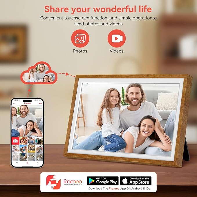 Frameo 10.1" Digital Picture Frame with 32GB Memory WiFi Electronic Photo Frame Wood HD Touch Screen Auto-Rotate Slideshow Wall Mountable Share Photos/Video Remotely Anywhere(Warm Wood)