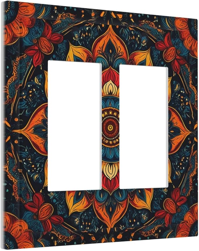 Boho Colorful Mandala Outlet Covers Light Switch Cover Plate 2 Gang Double Rocker Wall Plates Decorative Switch Plates Plug Cover Electrical GFCI Receptacle Cover for Home 4.9 X 5 IN
