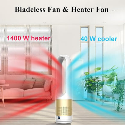 Bladeless Heater and Fan Combo, 1400 Watt Heater Fan and 40 Watt Cold Fan, 80° Oscillating Fan, All the Season Use, Remote and Touch Control, Floor Tower fan, Office Room, Bedroom, Silver Gold
