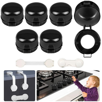 Press Gas Stove Knob Locks,6 Pack Stove Knob Safety Covers and 2 Pack Cabinet Door Child Lock with Strong Double-Sided Tape,Heat-Resistant Gas Stove Knob Protectors for Child Safety/Pet Safety
