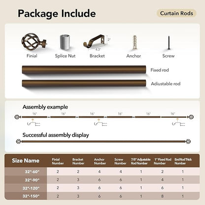Curtain Rods for Windows 72 to 144, 1 Inch Adjustable Decorative Long Bronze Curtain Rod with Twisted Cage End, Modern Heavy Duty Outdoor Drapery Rods for Patio, Telescoping Splicing, Size 32" - 150"