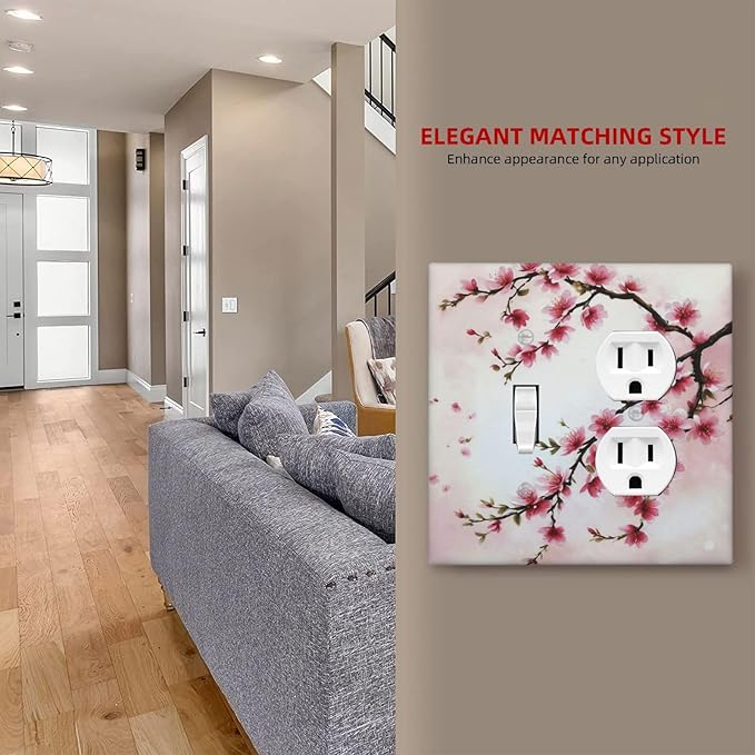Decorative Outlet Covers Rustic Branch with Pink Flowers Plum Blossom 2 Gang Wall Plate Single Toggle Duplex Light Switch Cover Switch Plate Covers Faceplate for Bedroom Home Decor