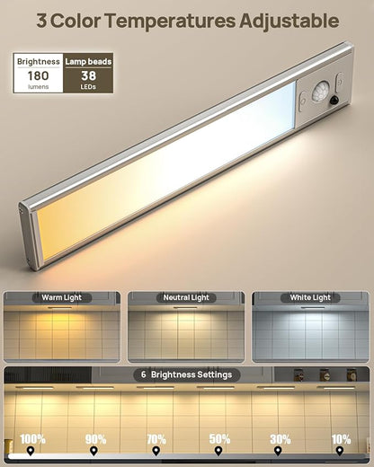 Under Cabinet Lights Wireless,Motion Sensor Light Indoor Closet Lights with Remote Control,3 Color Temps,LED Rechargeable Battery Operated,Under Counter Lights for Kitchen,Wardrobe,Stairs,4 Pack