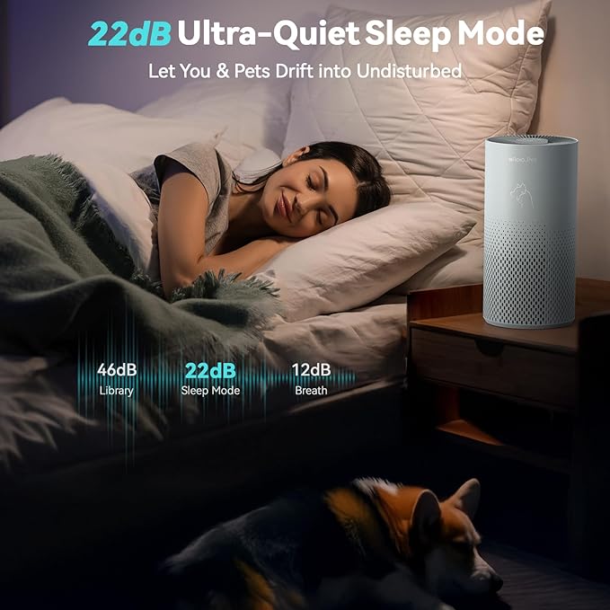 Afloia Air Purifier for Bedroom and Pets Home up to 880 Ft², 5-in-1 HEPA Air Filter Cleaner with Washable Pre-Filter, Removes Pet Hair, Odors, Dander & Allergies, Whisper-Quiet Sleep Mode-Kilo Pet