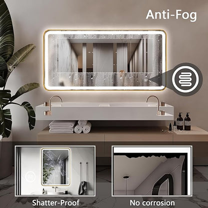 48"x24" Lighted Vanity Mirror with Lights, Gold Metal Frame Led Mirror for Bathroom, Anti-Fog Wall Mirror with Front and Backlit, Shatterproof, 3 Colors Stepless Dimmable, Horizontal/Vertical