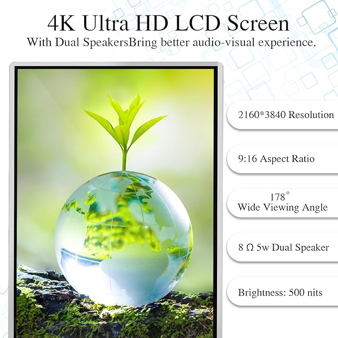 43" 4K LCD Digital Signage Display, Indoor Floor Standing Advertising Kiosk, Commercial Digital Signage Kiosk with Auto AD Box, HDMI WiFi Bluetooth Input, Android 12.0 Black