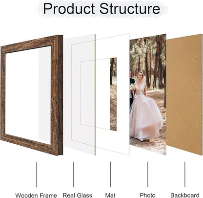 iRahmen 9x12 Picture Frame Set of 4 with Tempered Glass, Wooden Rustic Frame Display 6x8 Pictures with Mat or 9 x 12 Without Mat, Photo Frame for Wall Mount and Tabletop Display