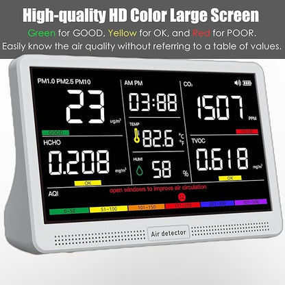 Professional Indoor Air Quality Monitor with 7X AQI Beep Alarms,16 in 1 Portable Real-Time Detector for PM2.5 | PM10 | CO2 | TVOC | HCHO | Temp | Hum for Home Cars Plants Pets