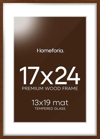 Homeforia 17x24 Picture Frame Brown, High End Dark Oak 17x24 Poster Wood Frame with Mat 13x19 for Photo, 17 x 24 Wooden Walnut Frame Matted to 13 x 19, 24x17 Frames, Tempered Glass, Wall Kit, Set of 1